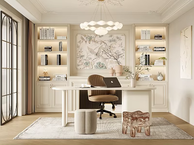 Modern Study Room Interior Design With Built in Bookshelves Wooden Desk Artwork And Chandelier 3d model