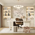 Modern Study Room Interior Design With Built in Bookshelves Wooden Desk Artwork And Chandelier