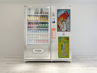 Commercial Beverage Vending Machine With Silver Exterior Multiple Drink Slots And Advertising Screen 3d model