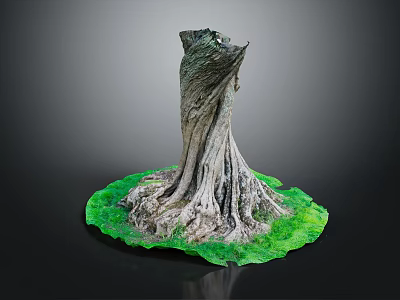 Natural Wooden Stump Sculpture with Intricate Roots and Green Stone Base 3d model
