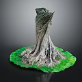 Natural Wooden Stump Sculpture with Intricate Roots and Green Stone Base
