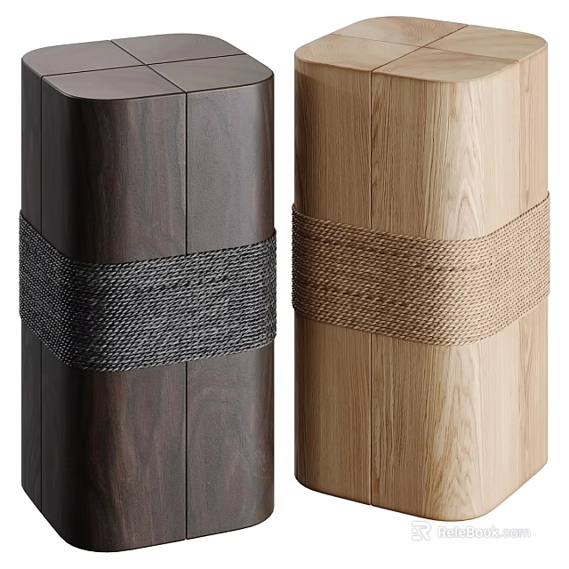 Elegant Cylindrical Wooden Stools With Dark Walnut Light Oak And Woven Decorative Bands 3d model 