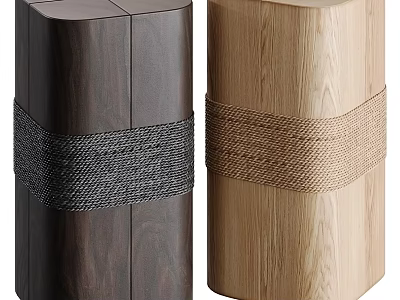 Elegant Cylindrical Wooden Stools With Dark Walnut Light Oak And Woven Decorative Bands 3d model
