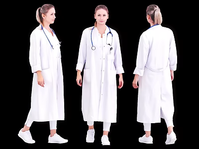 Woman In White Full Length Doctor Coat With Stethoscope From Three Angles 3d model