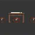 Traditional Wooden Mahjong Table Set With Four Round Stools And Tiles