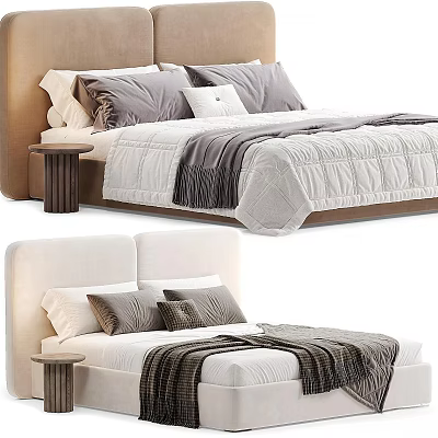 Modern Double Bed With Upholstered Headboard Decorative Pillows And Textured Bedding 3d model
