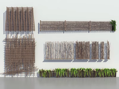 Different Types of Rustic Wooden Garden Fence with Natural Bamboo and Green Plants Design 3d model