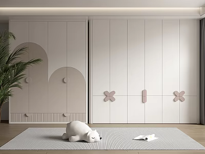 Modern Minimalist Wardrobe Interior With White Cabinetry And Pink Butterfly Handles 3d model