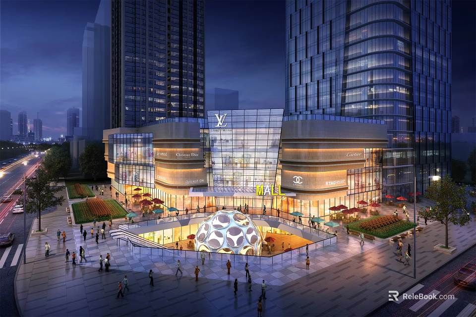 Vibrant Commercial Street Plaza With Modern Tall Buildings Pedestrians And Night Lighting 3d model 