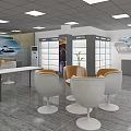 Modern 4S Store Interior With Customer Seating Area Car Display Cabinets And Bright Ceiling Lights