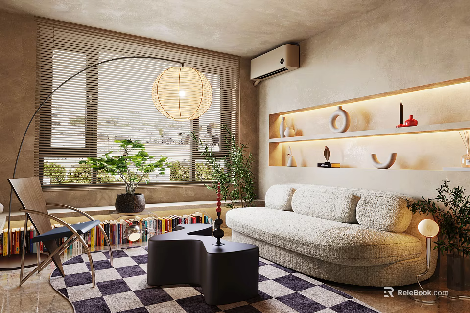 Modern Living Room Interior With Arched Floor Lamp Beige Sofa Checkered Rug And Decorative Shelves 3d model 