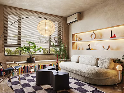 Modern Living Room Interior With Arched Floor Lamp Beige Sofa Checkered Rug And Decorative Shelves 3d model