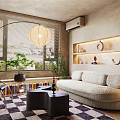 Modern Living Room Interior With Arched Floor Lamp Beige Sofa Checkered Rug And Decorative Shelves
