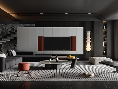 Modern Living Room Interior Design With Gray Sofa TV Cabinet Striped Rug And Coffee Table 3d model