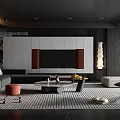 Modern Living Room Interior Design With Gray Sofa TV Cabinet Striped Rug And Coffee Table
