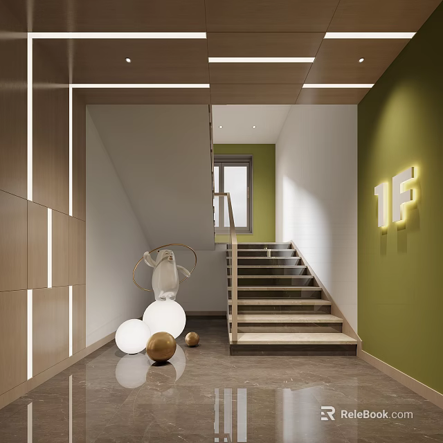 Modern Elevator Hallway With Staircase Green Wall Decorative Balls And 1F Sign 3d model 