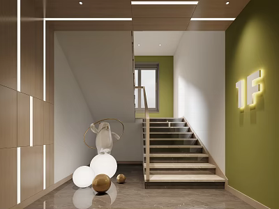 Modern Elevator Hallway With Staircase Green Wall Decorative Balls And 1F Sign 3d model