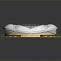 Architectural View Of Modern Football Stadium With White Exterior Green Pitch And Blue Seats