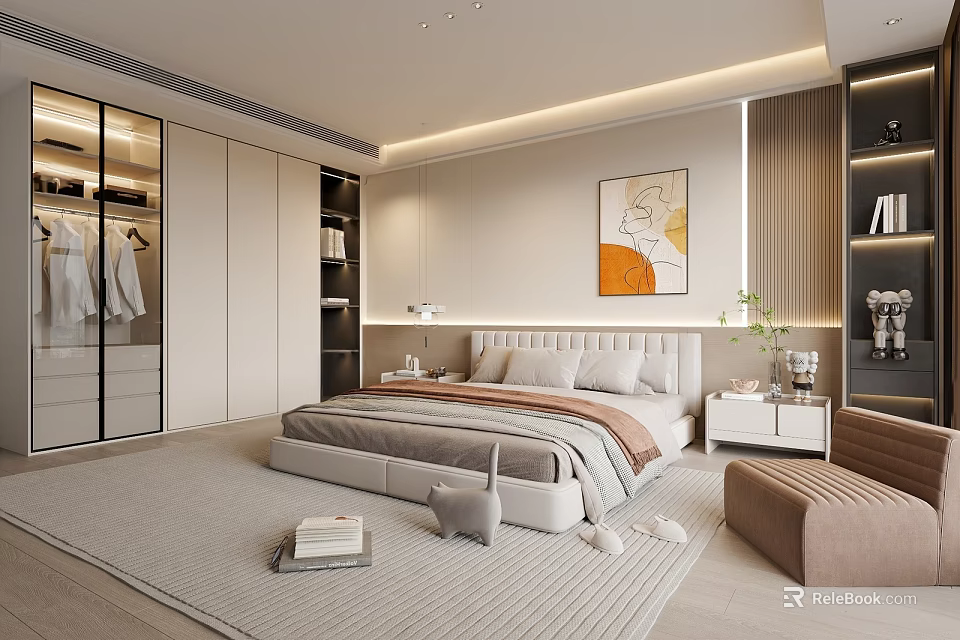Modern Bedroom Interior Design Featuring Open Wardrobe Large Bed Abstract Painting And Rug 3d model 