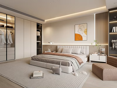 Modern Bedroom Interior Design Featuring Open Wardrobe Large Bed Abstract Painting And Rug 3d model