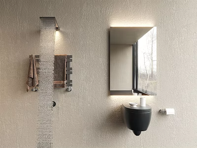 Modern Toilet Design In Contemporary Bathroom With Wall Mounted Basin And Illuminated Mirror 3d model