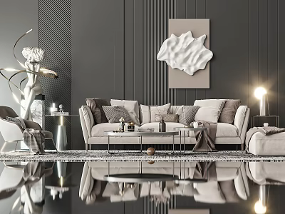 Modern Sofa Coffee Table Combination With Plush Throw Pillows Abstract Wall Art And Ambient Lighting 3d model