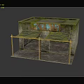 Old Concrete Shed With Mossy Roof Faded Blue Orange Graffiti Green Awnings Rusty Metal Frames