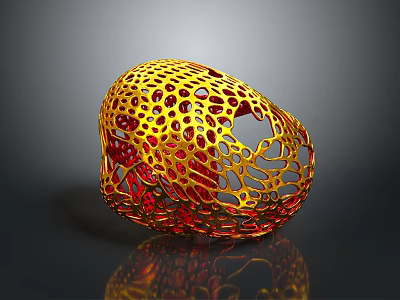 Decorative Hollow Sphere Sculpture With Gold Red Color And Intricate Perforated Design 3d model
