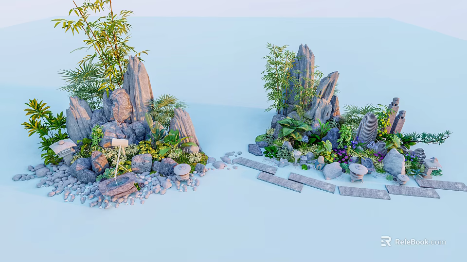 Natural Courtyard Garden Design With Rock Formations Bamboo Plants Green Foliage And Slab Pathway 3d model 