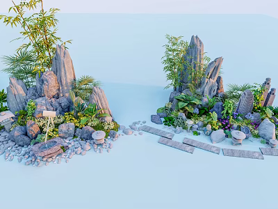 Natural Courtyard Garden Design With Rock Formations Bamboo Plants Green Foliage And Slab Pathway 3d model
