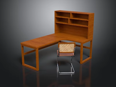 Kids Wooden L Shaped Desk With Bookshelf And Comfortable Chair Setup 3d model