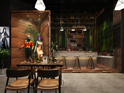 Bar Interior Design with Wooden Decor Green Plants Hanging Lights and Bar Counter Stools 3d model