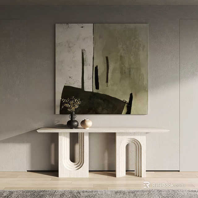 Modern White Console Table With Curved Design And Decorative Vase Under Abstract Wall Art 3d model