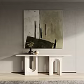 Modern White Console Table With Curved Design And Decorative Vase Under Abstract Wall Art 3d model