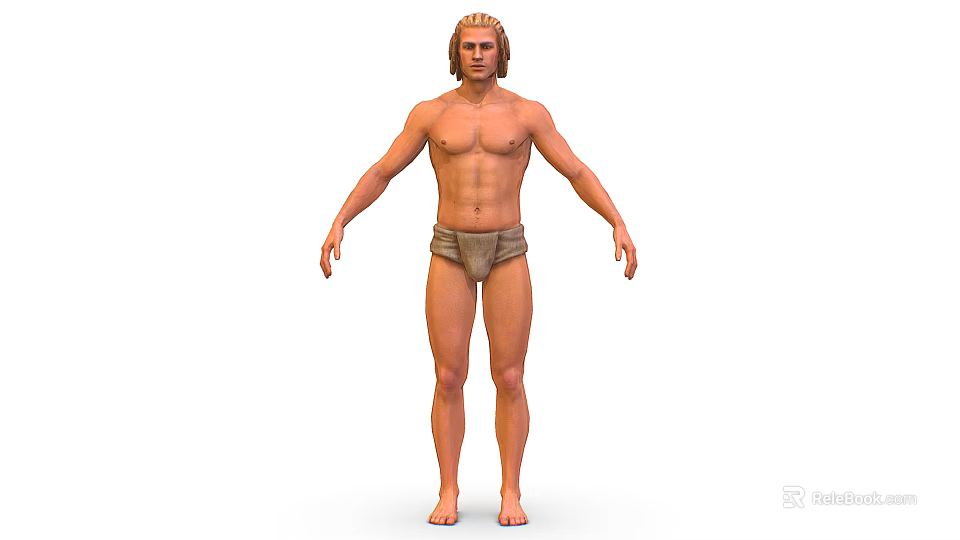 3D Primitive Male Character As Tribal Creature Standing With Shirtless Torso And Simple Cloth 3d model 