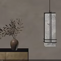 Brown Wall With Dried Foliage Vase Golden Panel Cabinet Rectangular Pendant Light 3d model