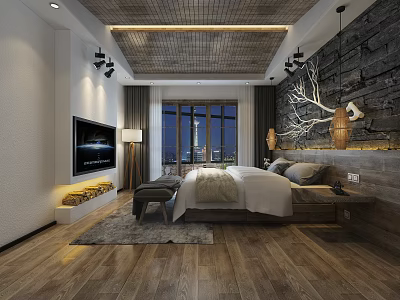 Modern Hotel Room Interior With King Bed Antler Light Textured Wall And City View 3d model