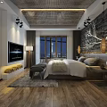 Modern Hotel Room Interior With King Bed Antler Light Textured Wall And City View