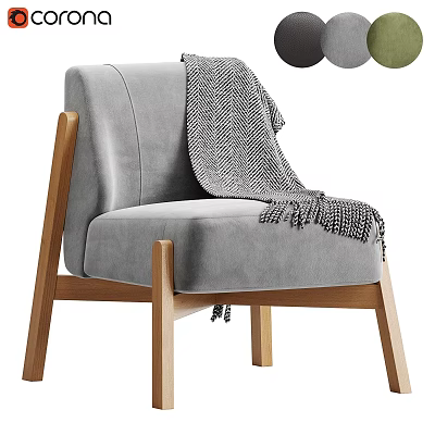 Gray Accent Chair With Wooden Legs Soft Upholstery Cozy Throw Blanket And Color Options 3d model
