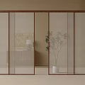 Modern Wooden Frame Sliding Doors With Glass Panels In Minimalist Interior Space And Indoor Plant
