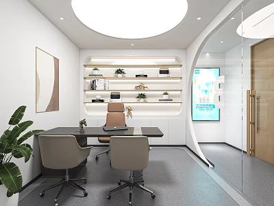 Modern Office Interior Design With Circular Ceiling Light White Walls Shelves And Work Desk 3d model