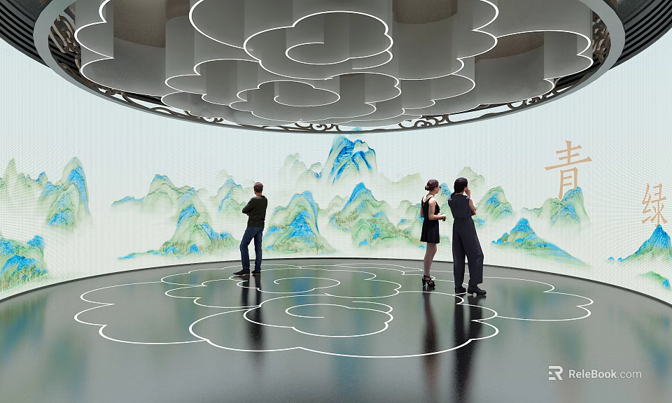 People Standing In Modern Space With Landscape Painting Qing Character And Cloud Shaped Ceiling 3d model 