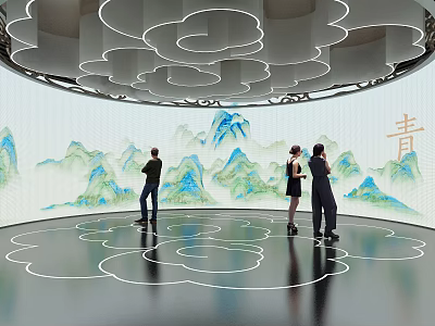 People Standing In Modern Space With Landscape Painting Qing Character And Cloud Shaped Ceiling 3d model