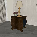 Classic Carved Bedside Table with Drawer Table Lamp Vase Curtains and Green Plant