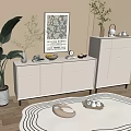 Elegant Modern Entryway Console Table And Side Cabinet With Green Plants Artwork And Decorative Rug