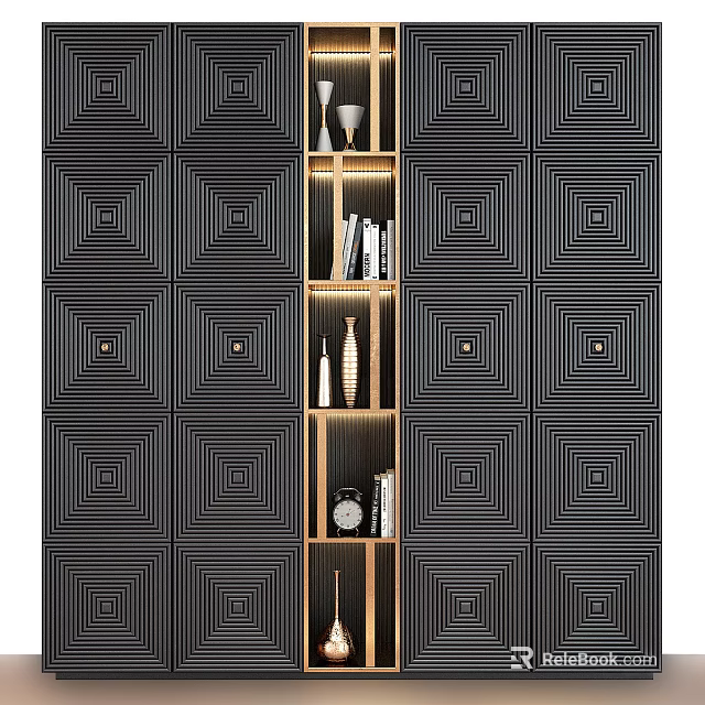 Stylish Decorative Cabinet With LED Lights Books Vases And Clock On Geometric Wall 3d model 