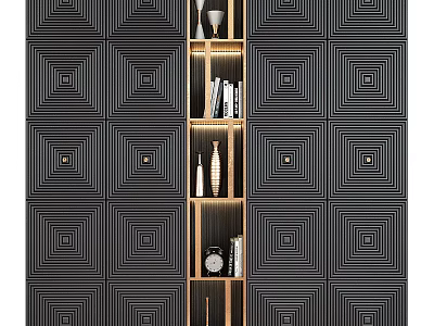 Stylish Decorative Cabinet With LED Lights Books Vases And Clock On Geometric Wall 3d model