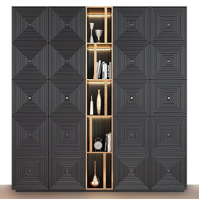 Stylish Decorative Cabinet With LED Lights Books Vases And Clock On Geometric Wall 3d model