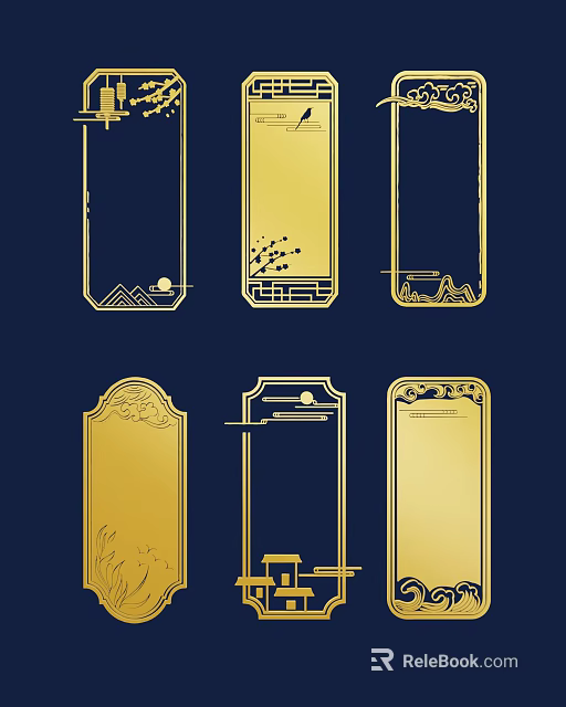 Golden Lines Outlining Six Decorative Frames With Landscapes Plants On Dark Blue Background 3d model 