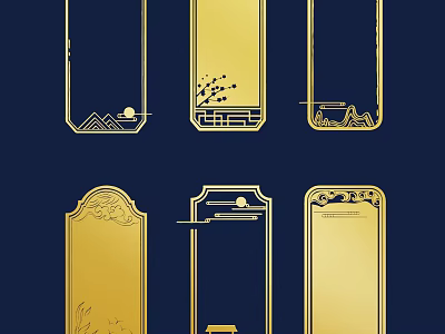 Golden Lines Outlining Six Decorative Frames With Landscapes Plants On Dark Blue Background 3d model